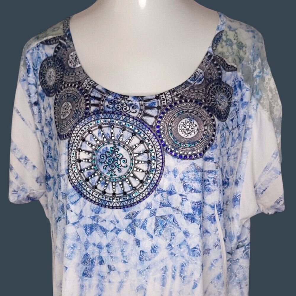 Maurices Womens Blouse 2 Sheer Lace Back Medallion Print Top Short Sleeve